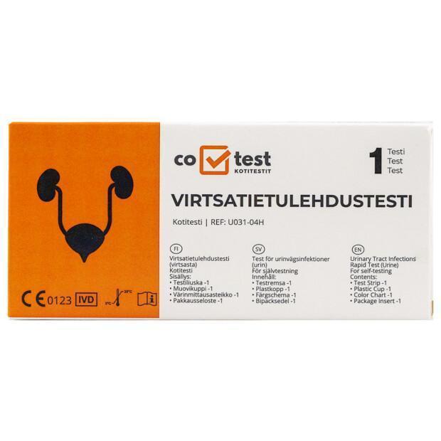 Kotitesti Co-Test Virtsatietulehdustesti. Ce-merkitty lääkinnällinen laite. Tuotekoodi: Co_17
