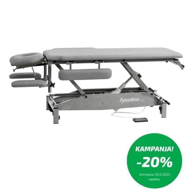 Kesäkuun kampanja: Fysioline PRO 400 hierontapöytä -20%. Koskee vakiovarusteltua pöytää, lisävarusteet normaalihinnoin. Kuvan pöytä lisävarusteilla.